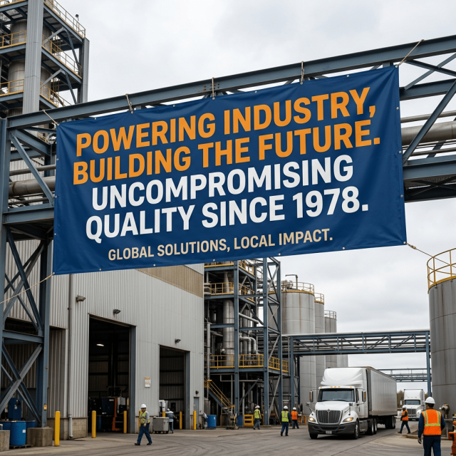#1 Single Source for Flexible Hose, Fittings & 24/7 Fluid Solutions 1 Industrial banner reading Powering industry, building the future; uncompromising quality since 1978; global solutions, local impact
